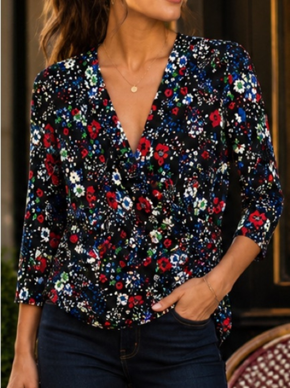 Jones New York Floral Faux Wrap Top Black Red Blue 3/4 Sleeve Size S NWT